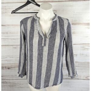 Old Navy Stripe Linen Blue and White Split Collar Top Sz Small